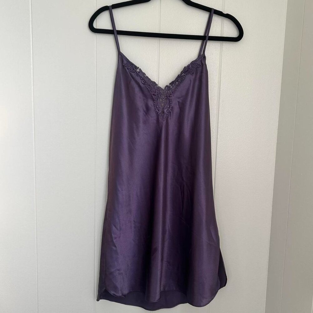 Vintage California Dynasty lavender purple silky slip dress with lace trim